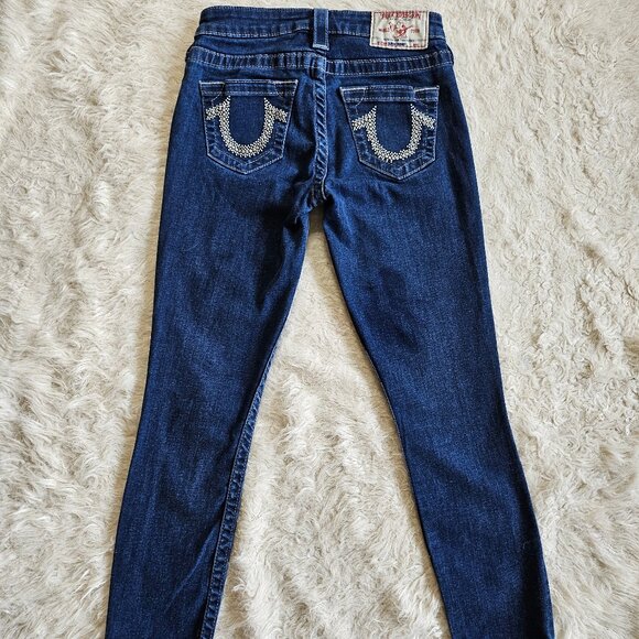 True Religion Women's Blue Supper Skinny Bejeweled Rhinestone Pocket Jeans 24 - Picture 3 of 10